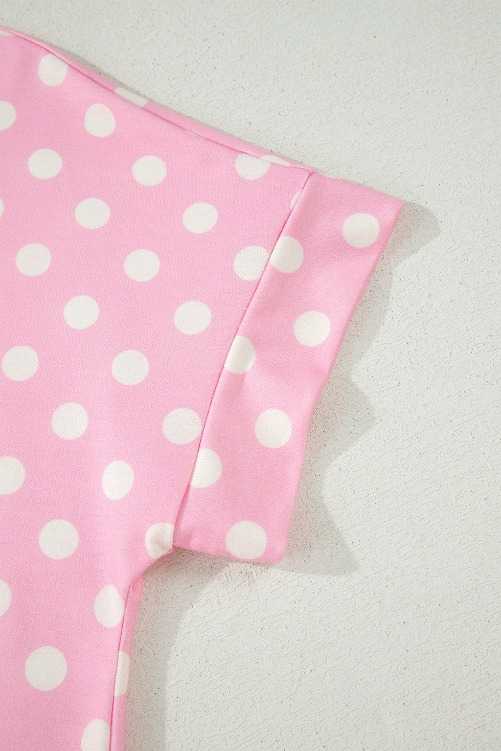 Pink Polka Dot Print Color Block Trim Mock Neck Short Set