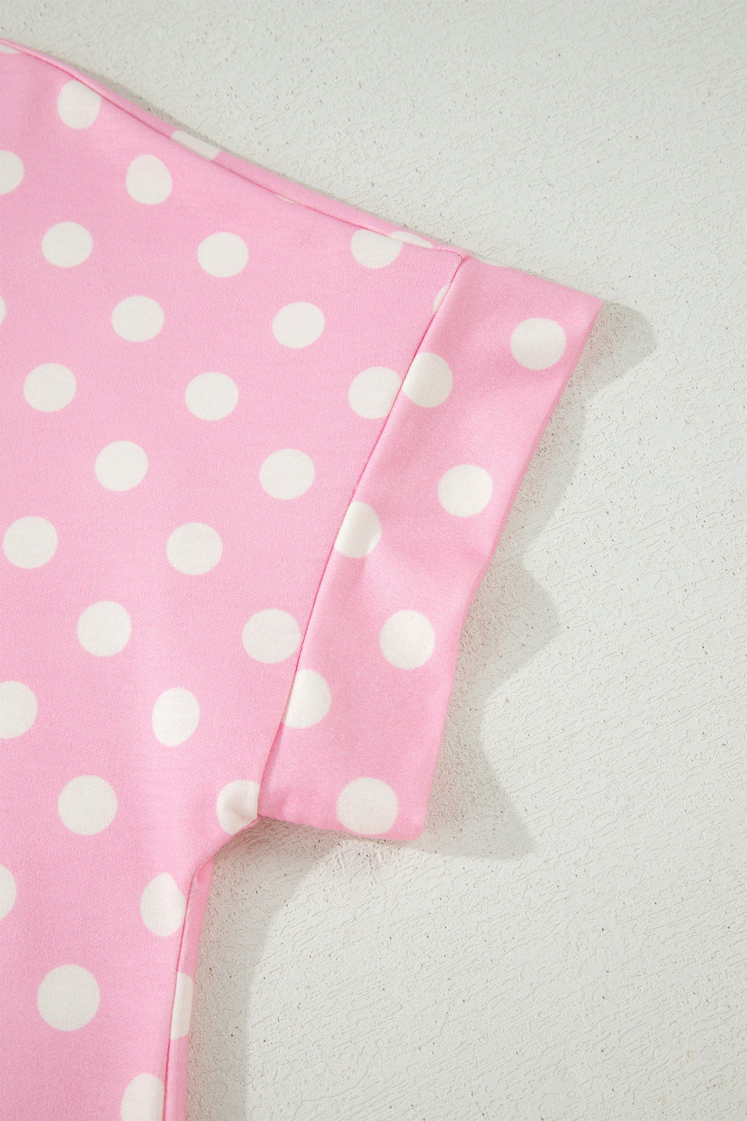 Pink Polka Dot Print Color Block Trim Mock Neck Short Set