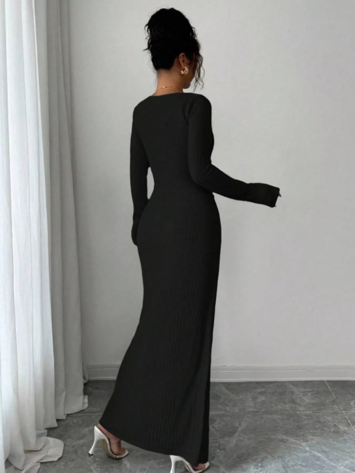 Slit Asymmetrical Neck Ribbed Maxi Dress