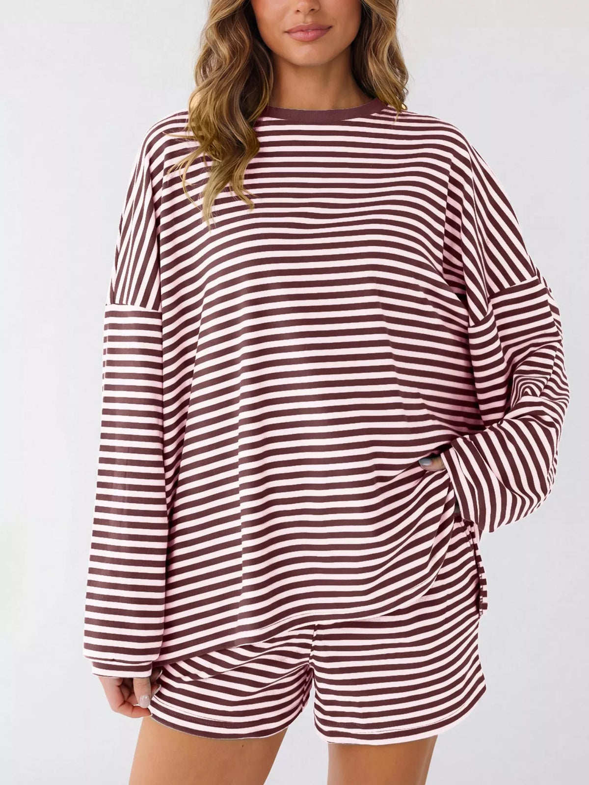 Casual Striped Long Sleeve Top and Shorts Set
