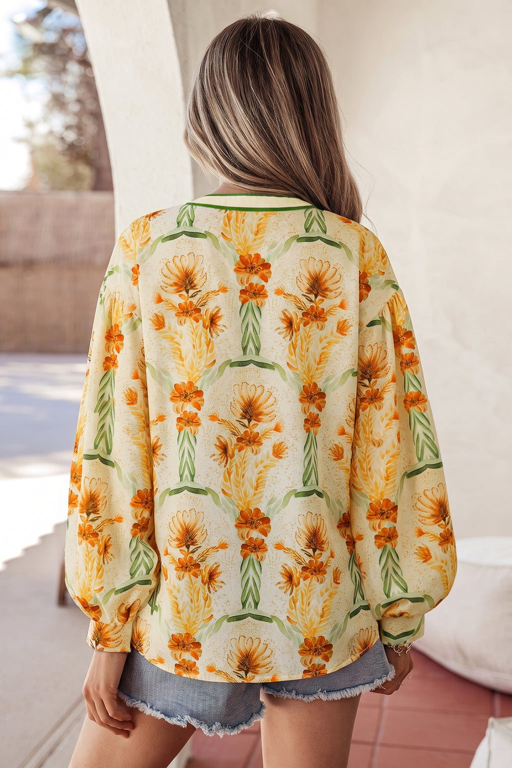 Yellow Floral Print V Neck Long Sleeve Shirt