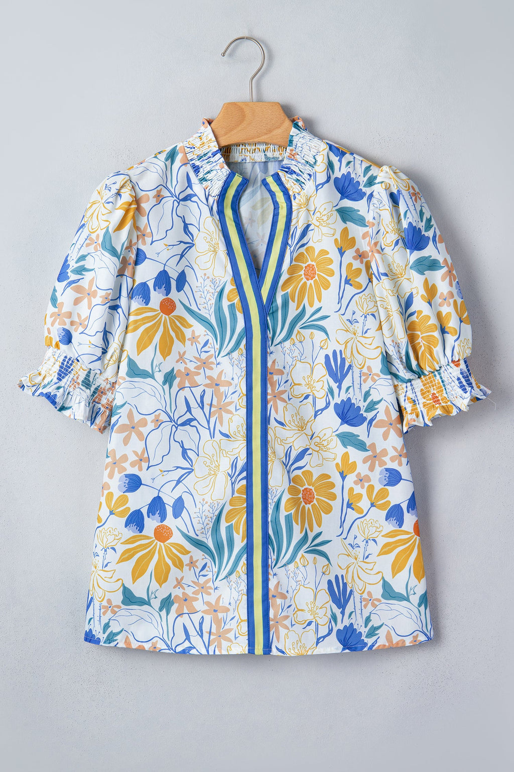 Yellow Floral Print Striped Trim V Neck Puff Sleeve Blouse