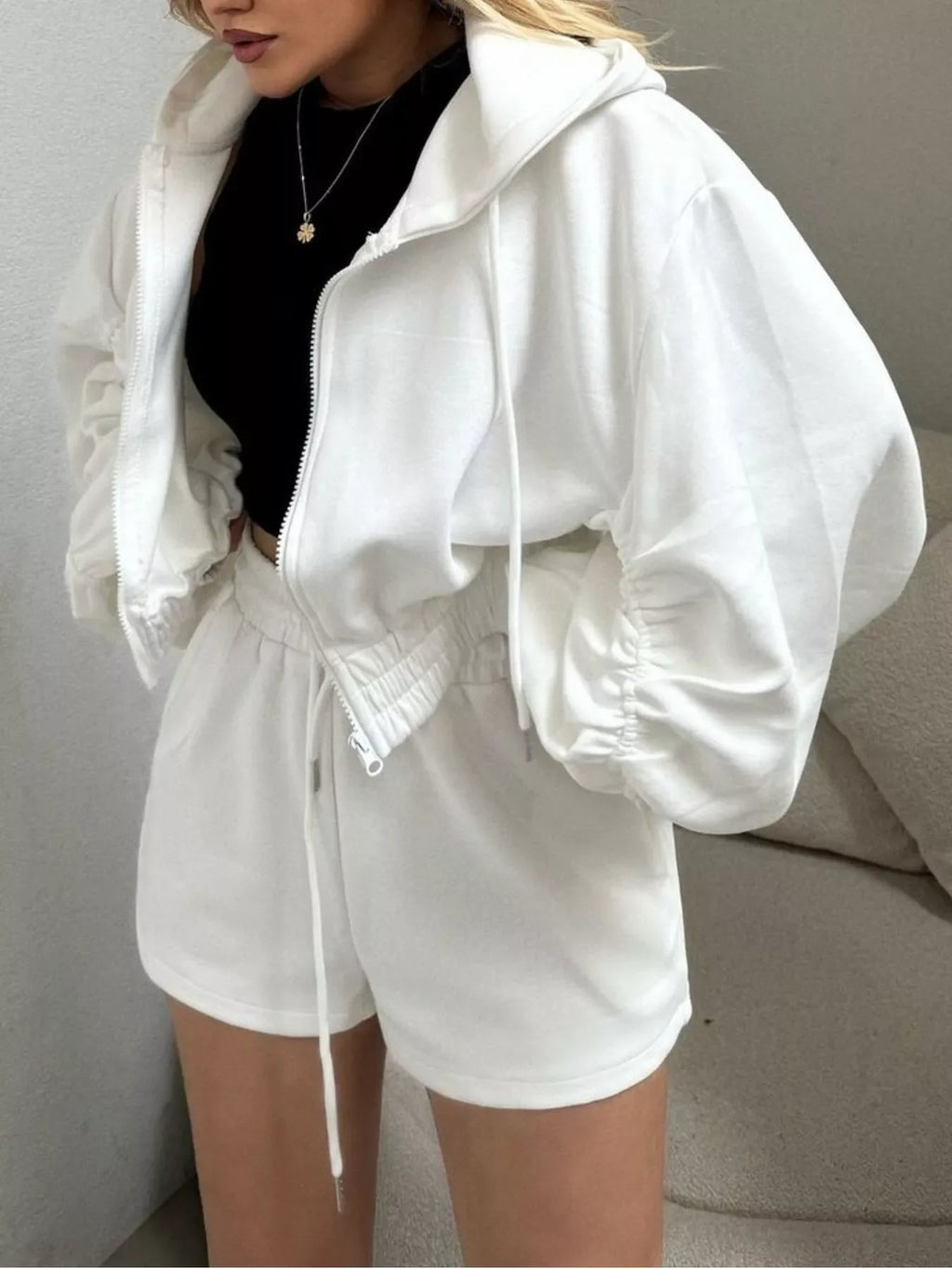 Zip-Up Jacket and High-Waisted Drawstring Shorts Set