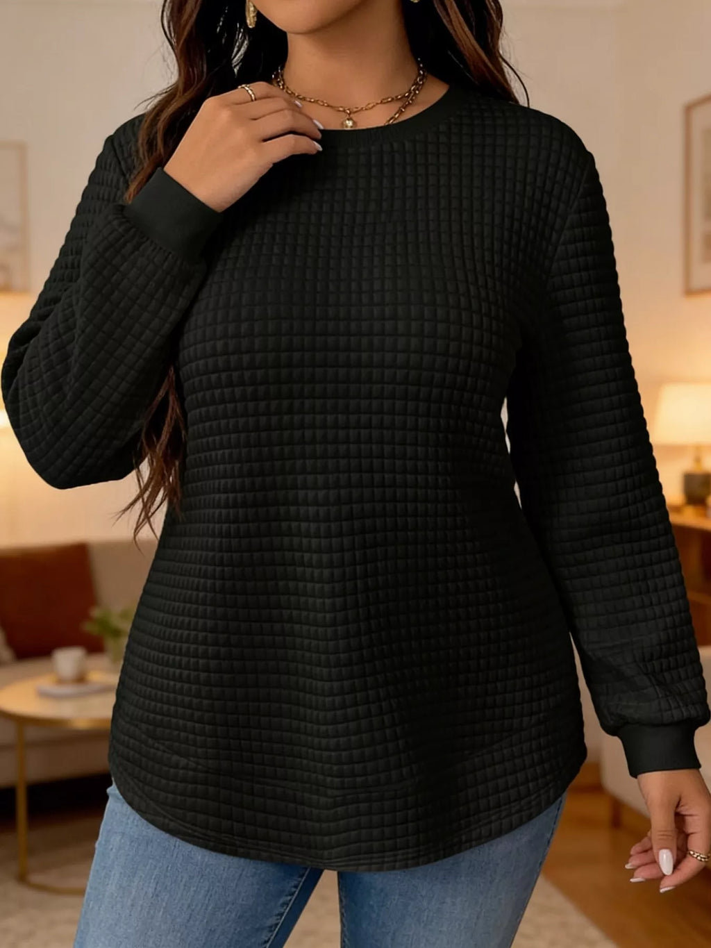 Plus Size Textured Waffle Knit Crew Neck Sweatshirt