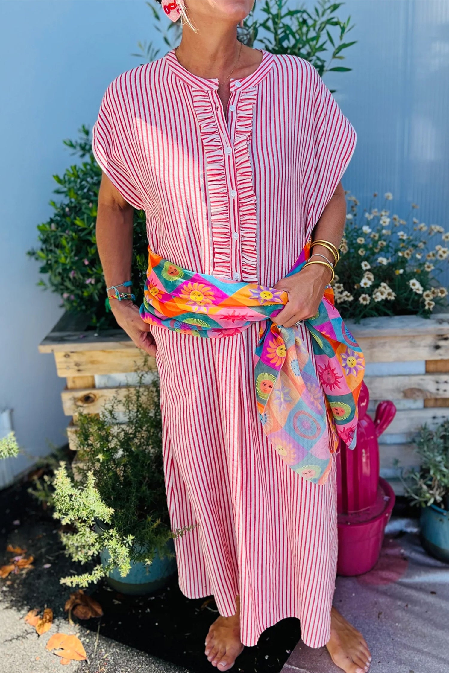Red Stripe Frilled Detail Half Buttons Short Sleeve Long Dress
