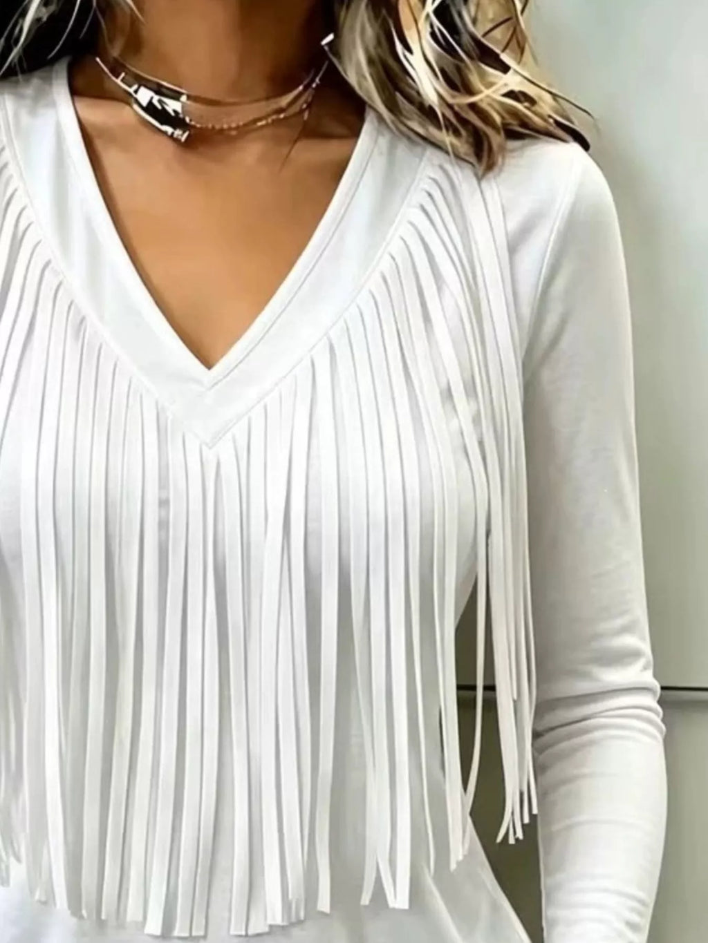 Fringe V-Neck Long Sleeve T-Shirt