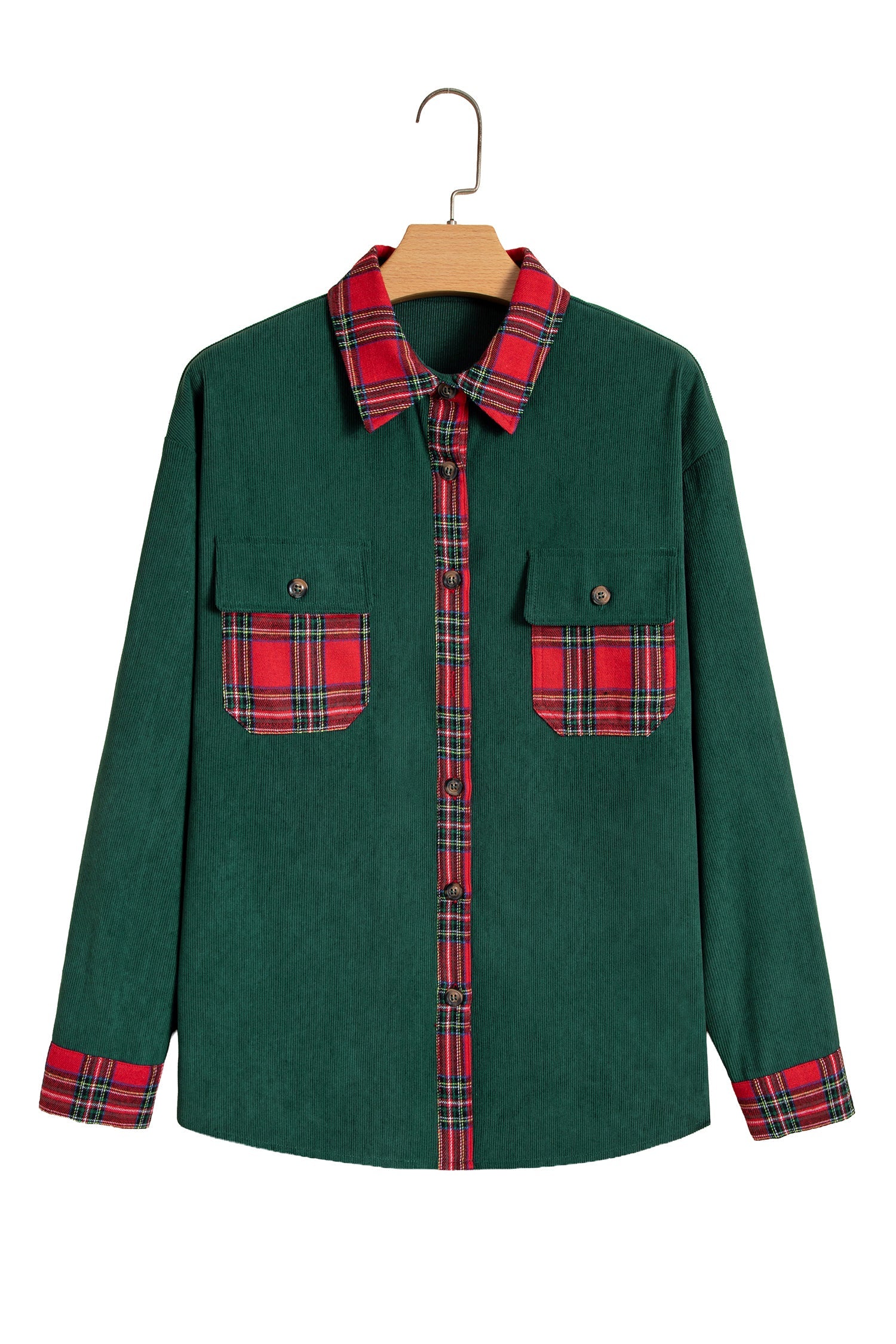 Blackish Green Plaid Pocket Button Long Sleeve Shift Shacket