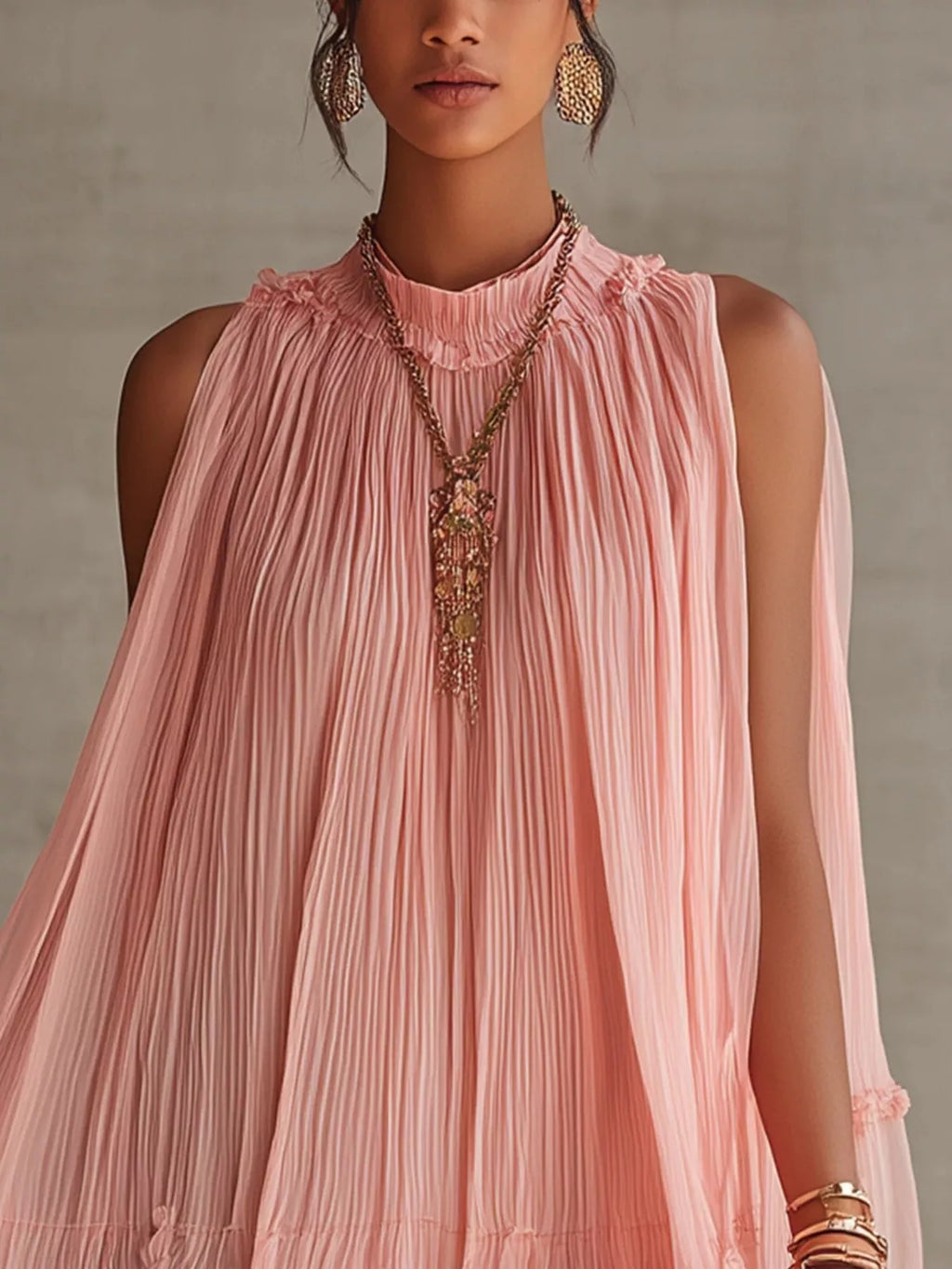 Pleated Mock Neck Sleeveless Mini Dress