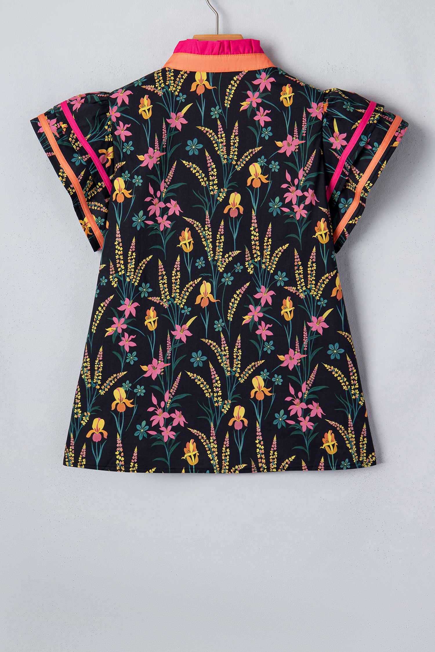 Black Floral Print Contrast Trim Tiered Ruffled Short Sleeve Blouse