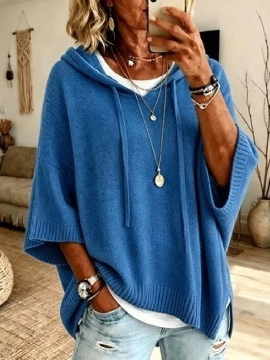 Full Size Drawstring 3/4 Sleeve Hooded Sweater Plus Size