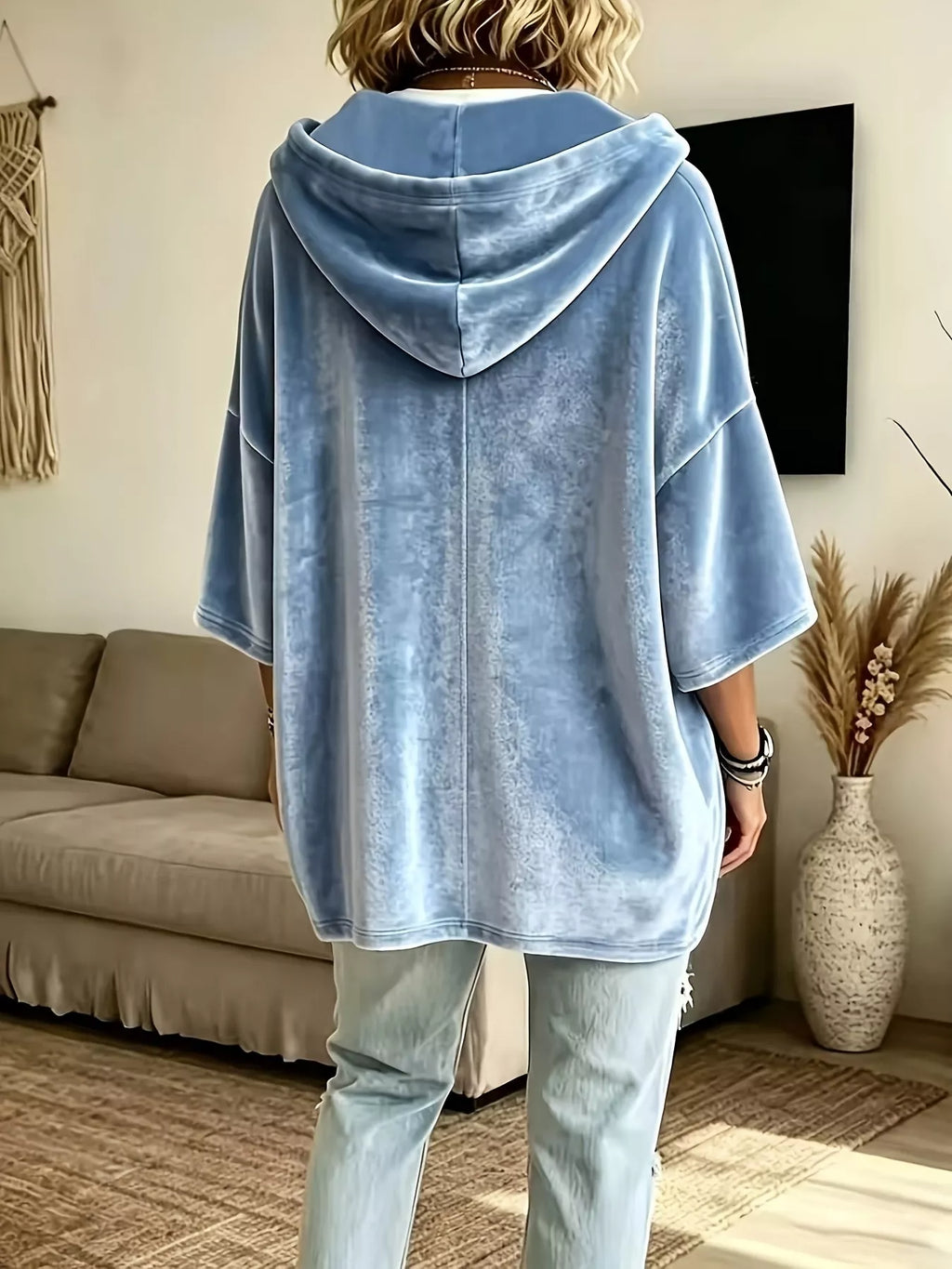 Full Size Velvet 3/4 Sleeve Hoodie with Kangaroo Pocket Plus Size