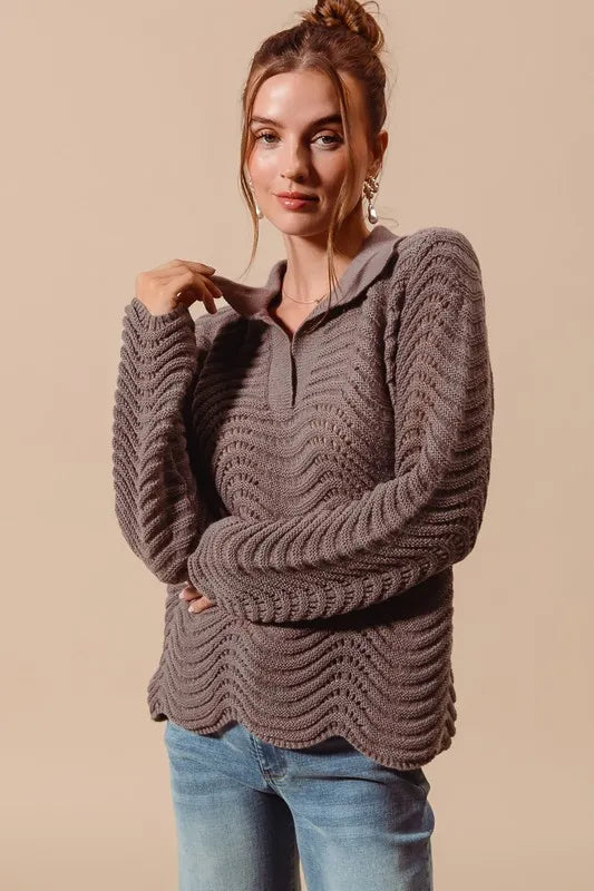 Notched Collar Wavy Texture Sweater Top