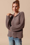 Notched Collar Wavy Texture Sweater Top