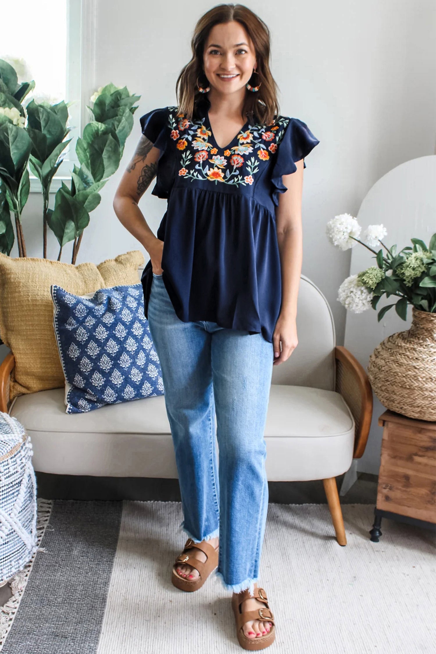 Dirty Blue V Neck Ruffled Sleeve Floral Embroidered Detail Babydoll Blouse