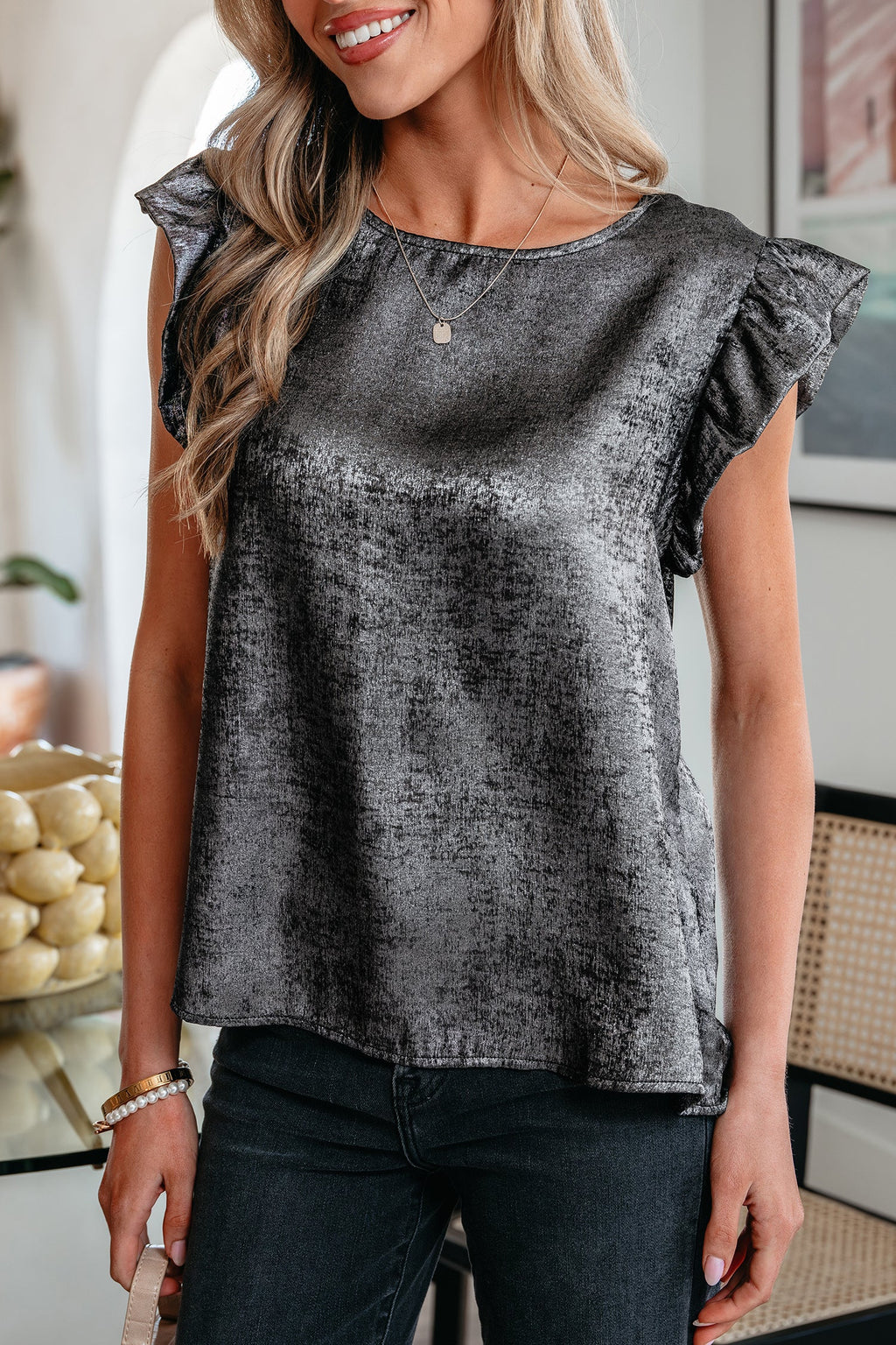 Silvery Metallic Round Neck Ruffle Trim Sleeveless Top