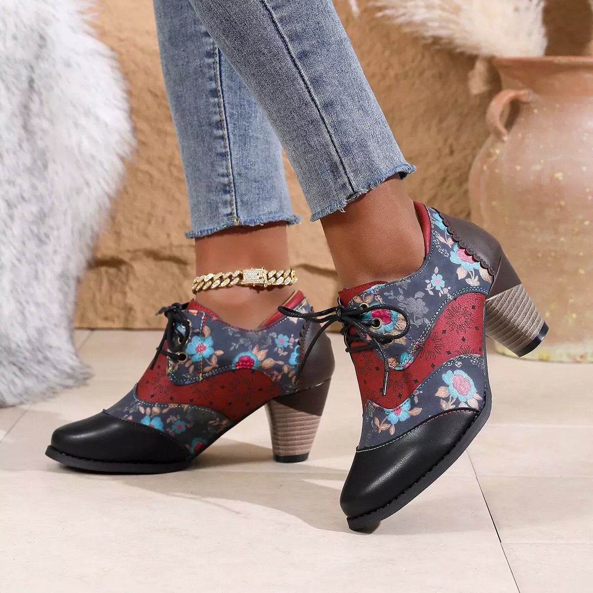 Lace-Up Block Heel Ankle Boots