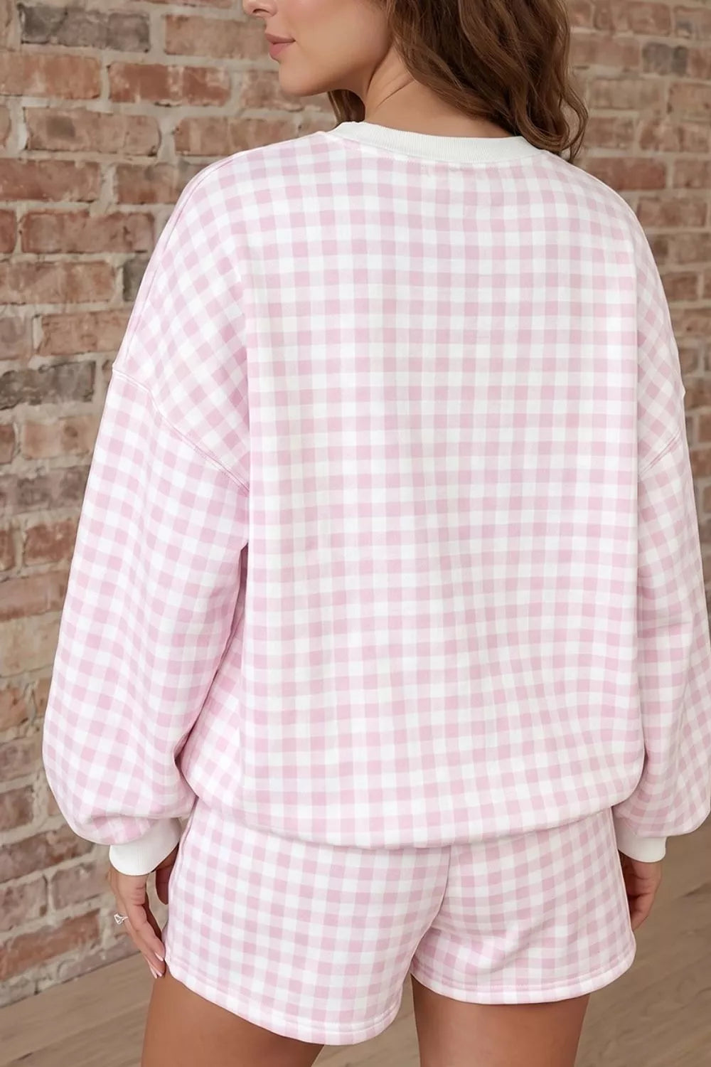 Gingham Long Sleeve Sweatshirt and Shorts Set