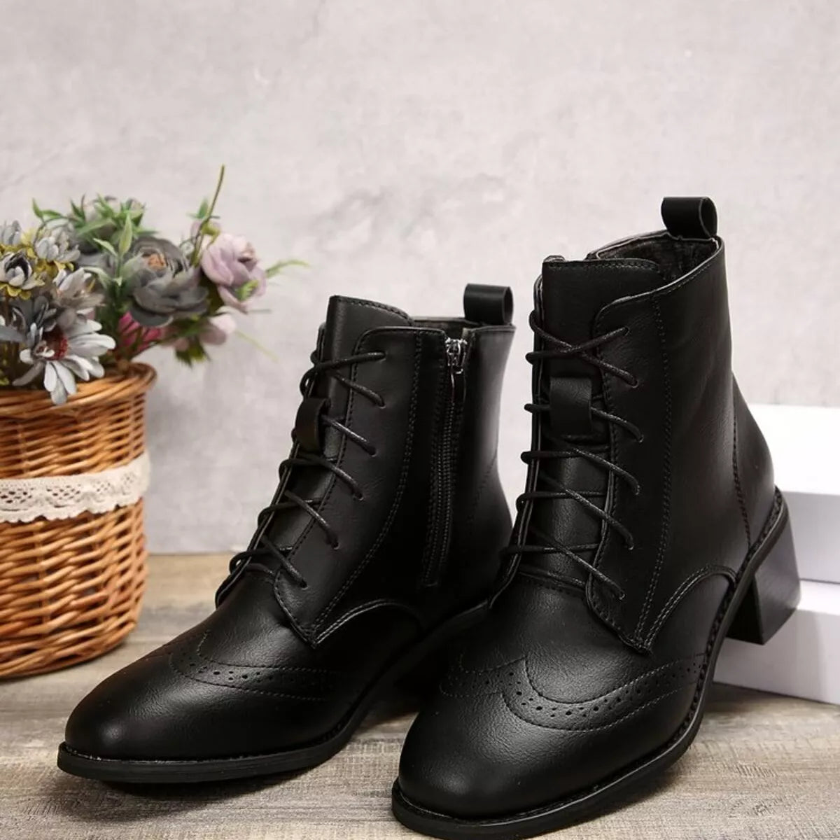 Lace-Up Ankle Boots with Zipper