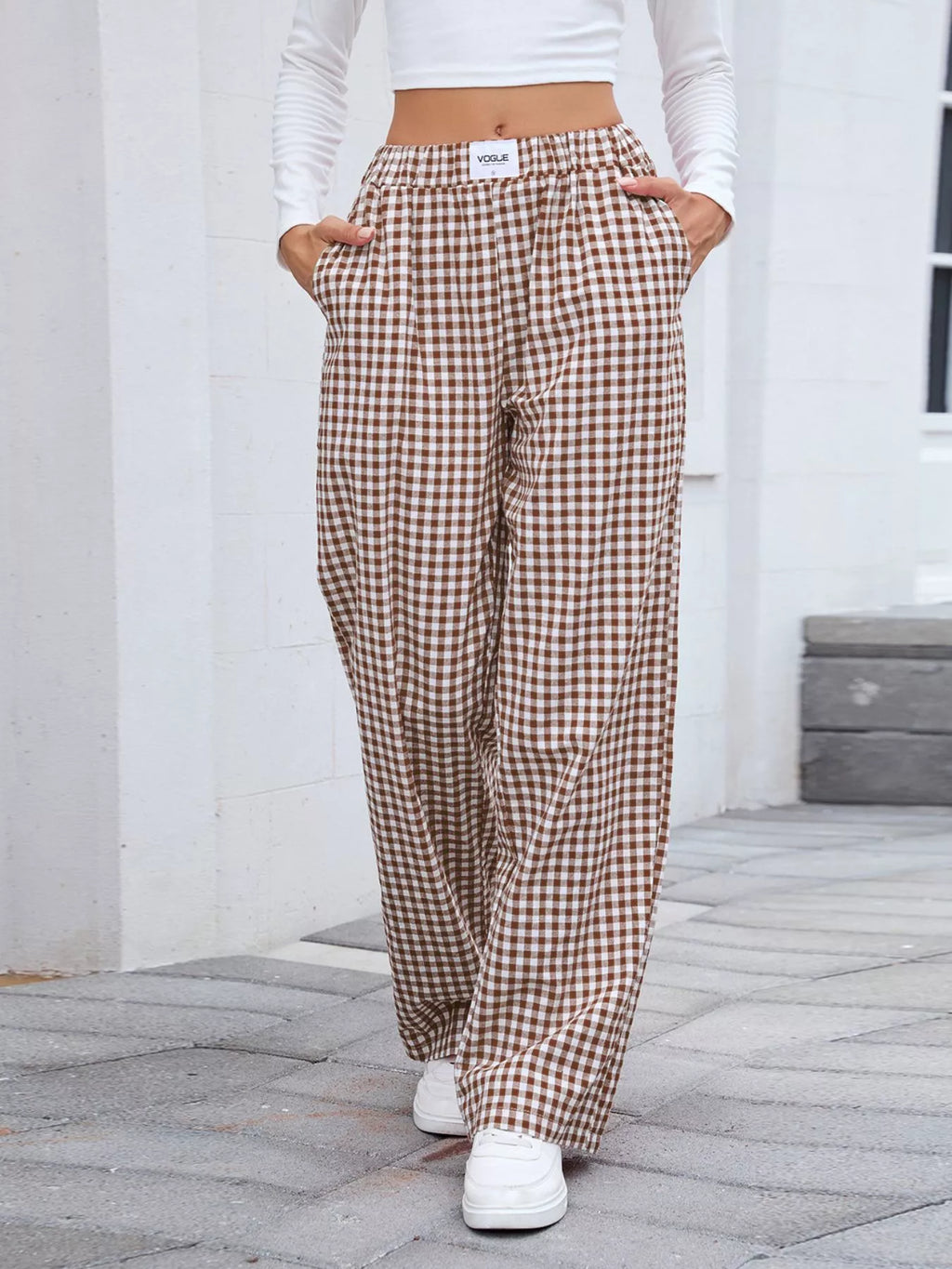 Plaid Wide-Leg Cotton Pants with Side Pockets