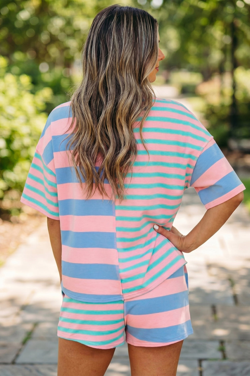 Pink Stripe Exposed Seam Mixed Patchwork Loose Short Set