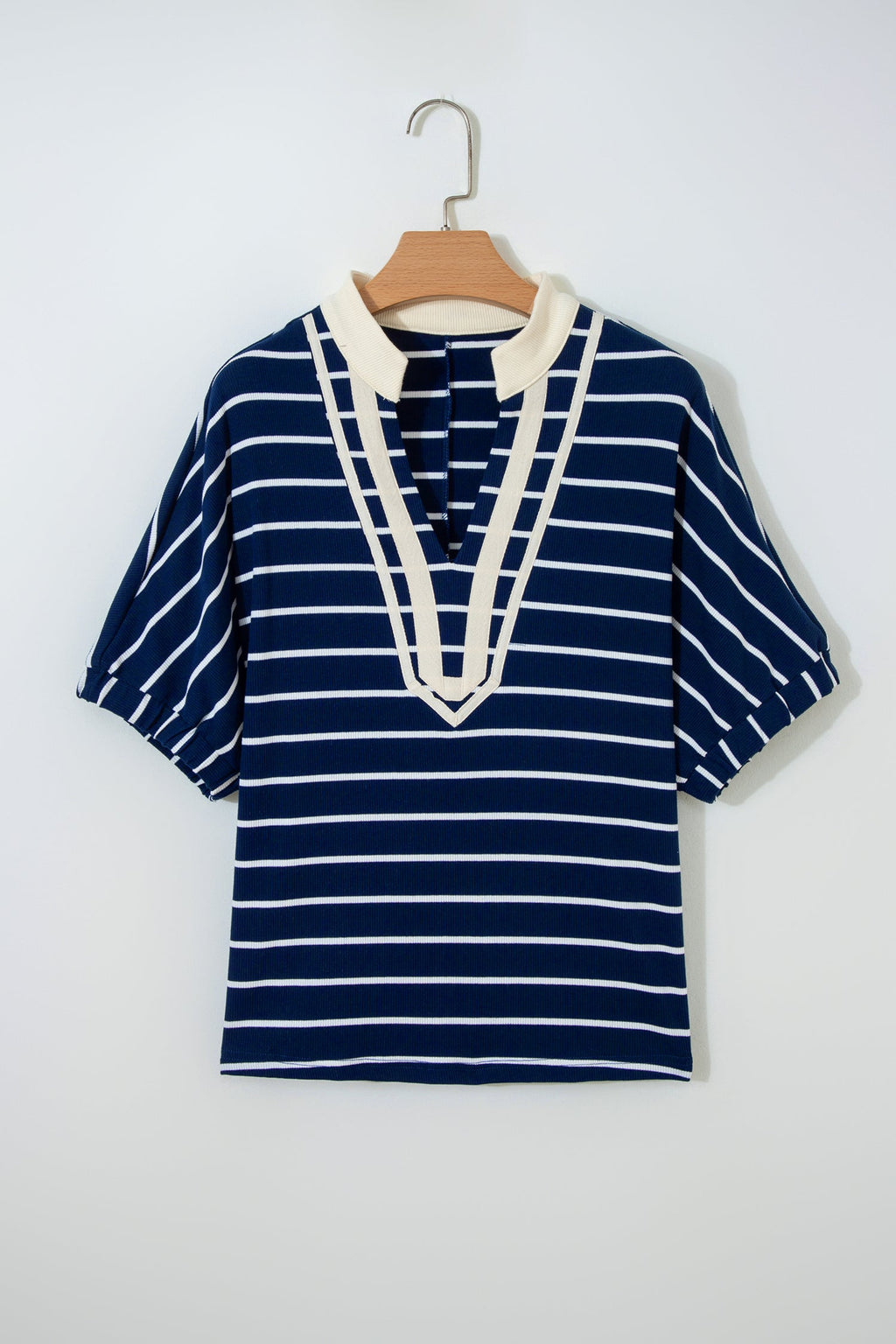 Blue Stripe Stand Collar V Neck Elastic Cuffs Half Sleeve Dolman Top