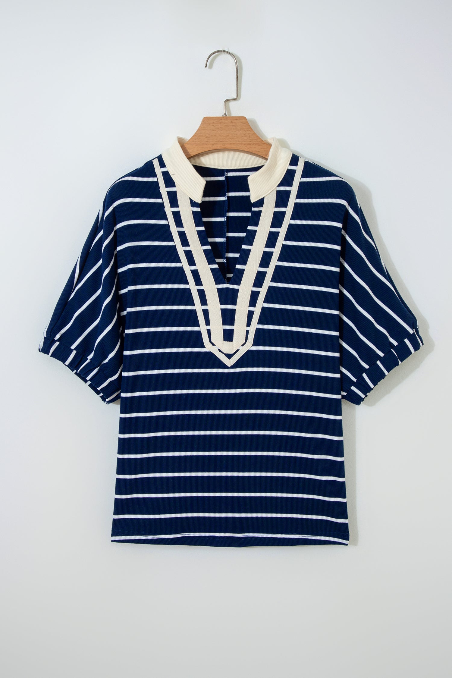 Blue Stripe Stand Collar V Neck Elastic Cuffs Half Sleeve Dolman Top