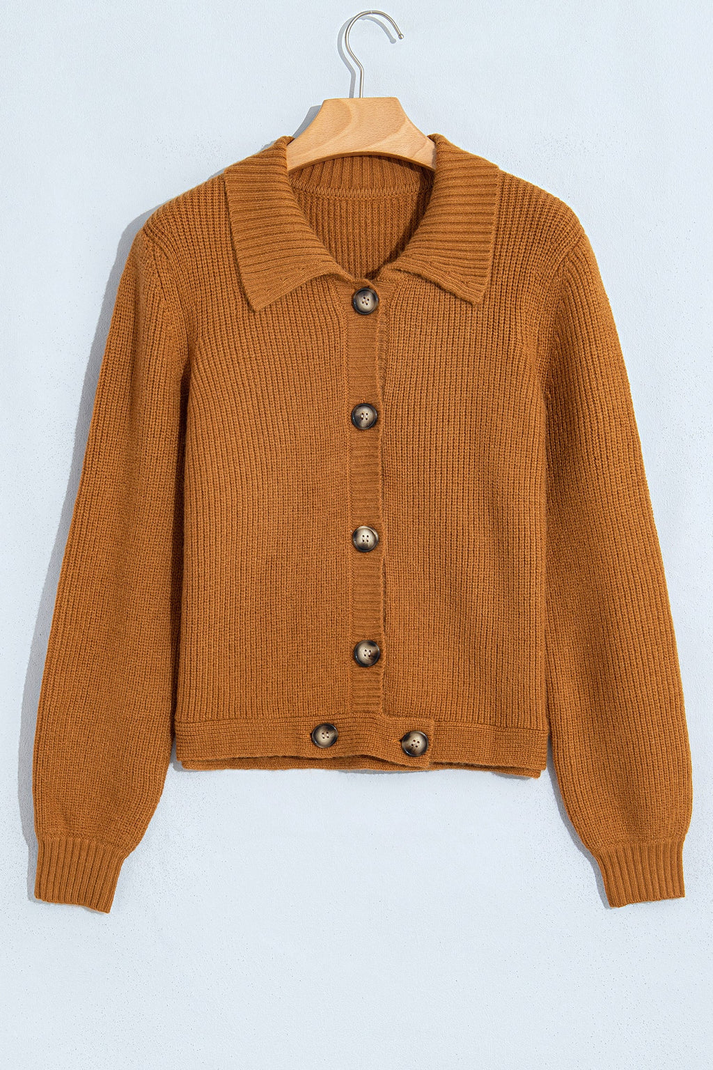 Mustard Ribbed Knit Collar Button Front Long Sleeve Cardigan