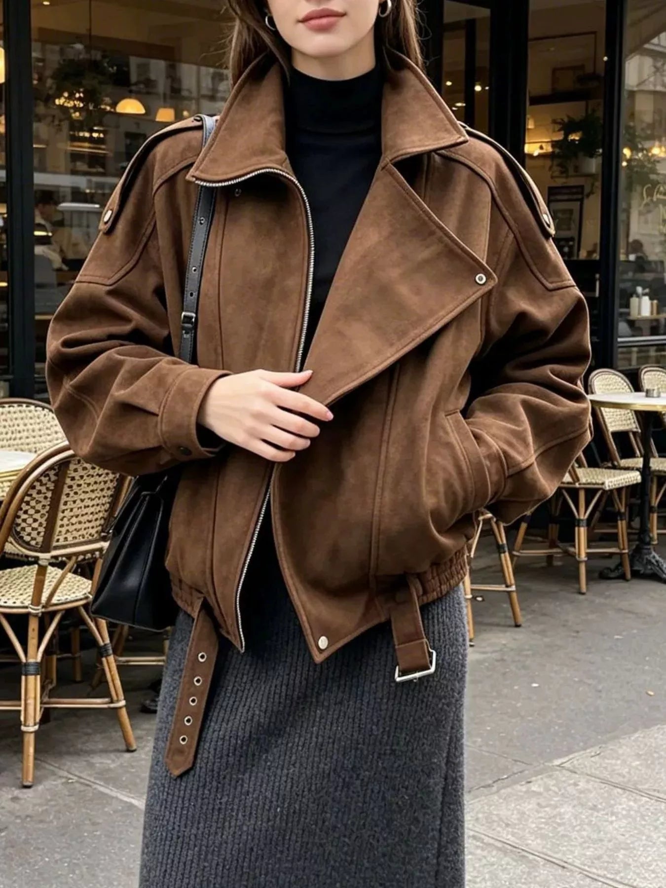 Asymmetrical Zipper Moto Jacket with Belt Detail