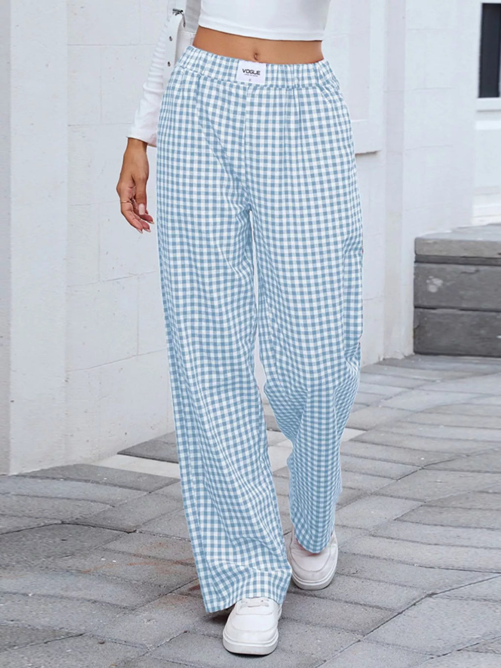 Plaid Wide-Leg Cotton Pants with Side Pockets