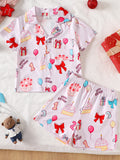 Children's Birthday Cake Print Shirt and Shorts Pajama Set