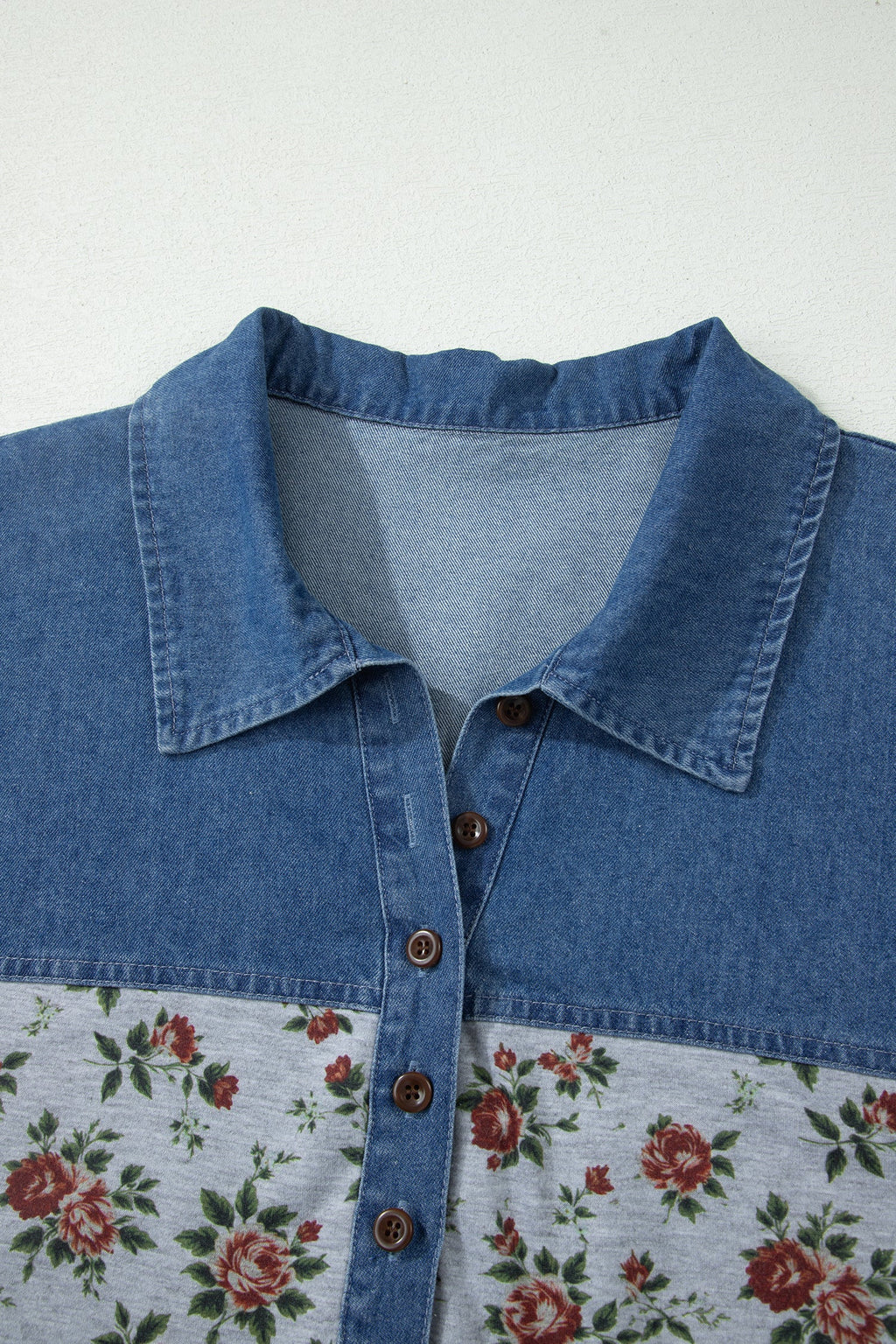 Gray Retro Floral Print Denim Patchwork Plus Size Polo Tee