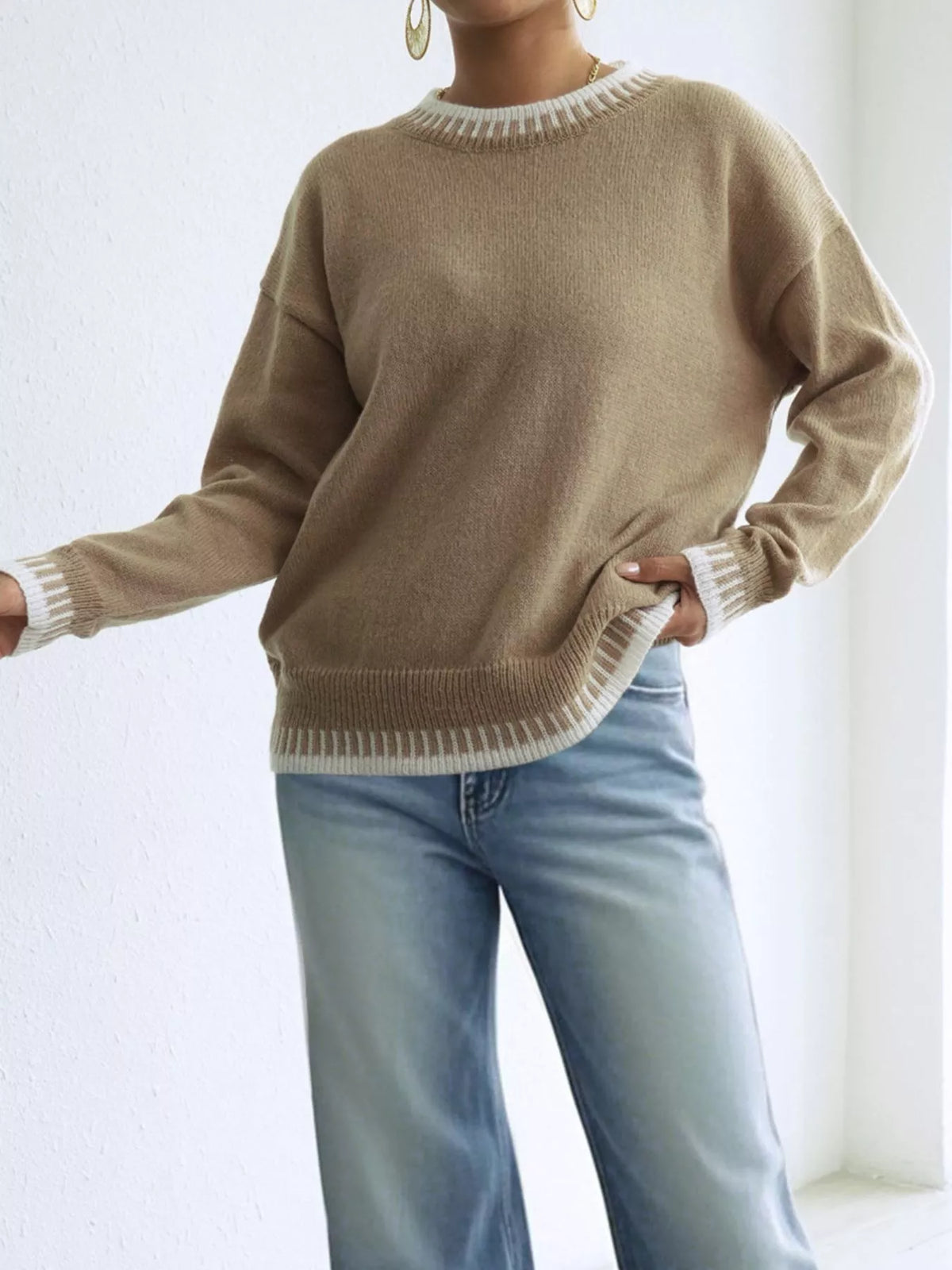 Contrast Trim Crew Neck Drop Shoulder Sweater