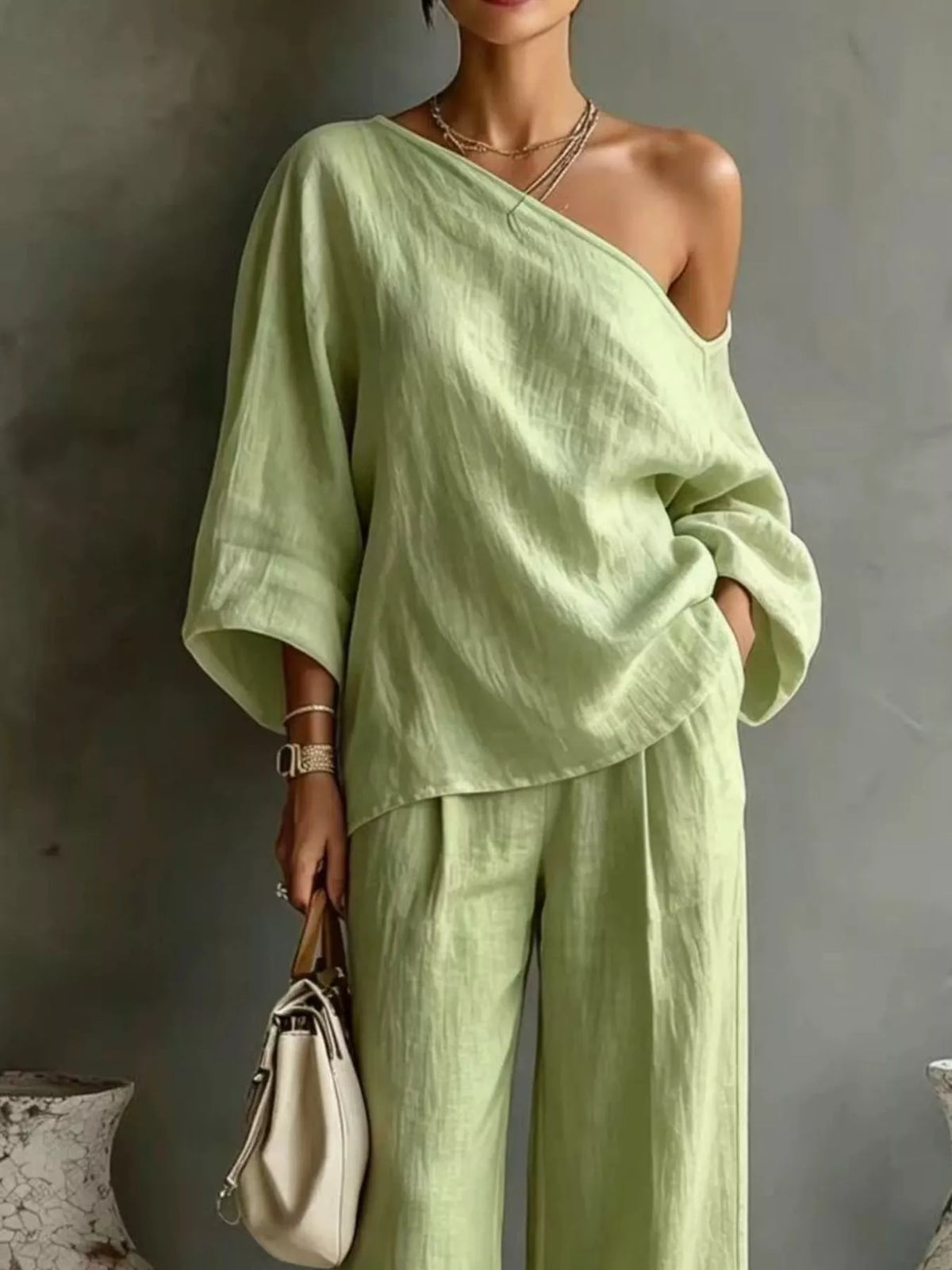 One Shoulder Top and Wide Leg Pants Set