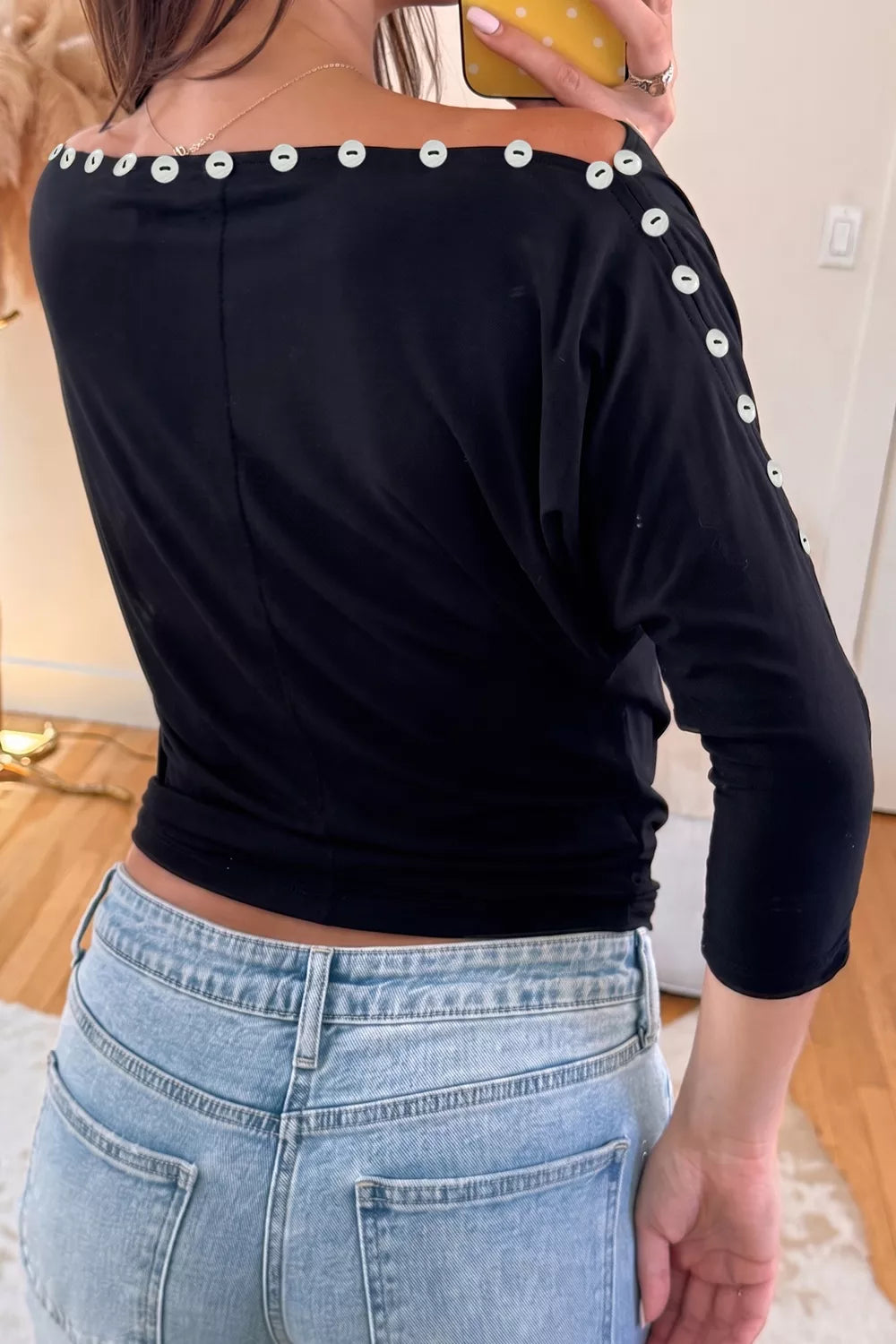 3/4 Sleeve Button Detail Off Shoulder Top