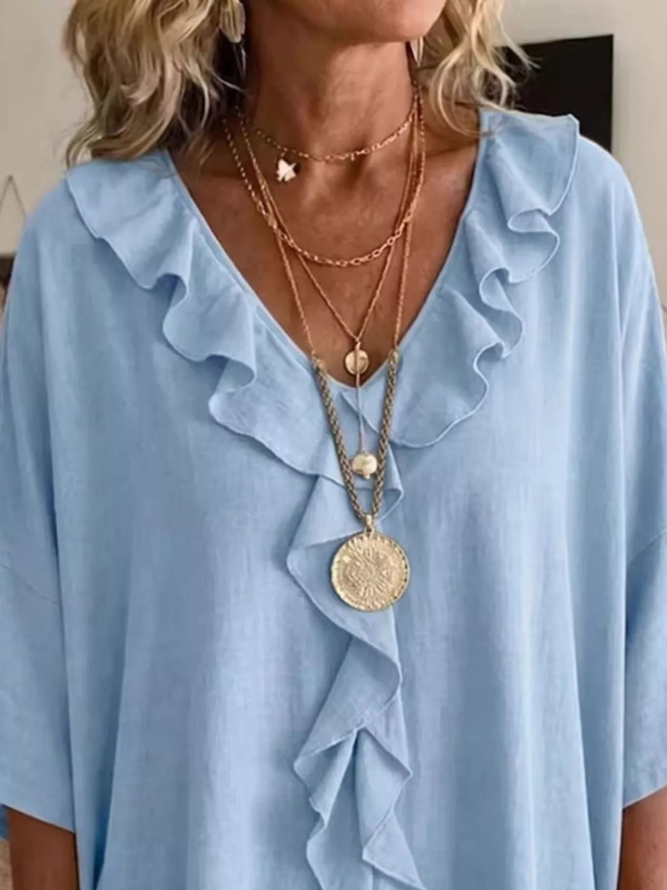 Full Size Ruffled V-Neck 3/4 Sleeve Blouse Plus Size