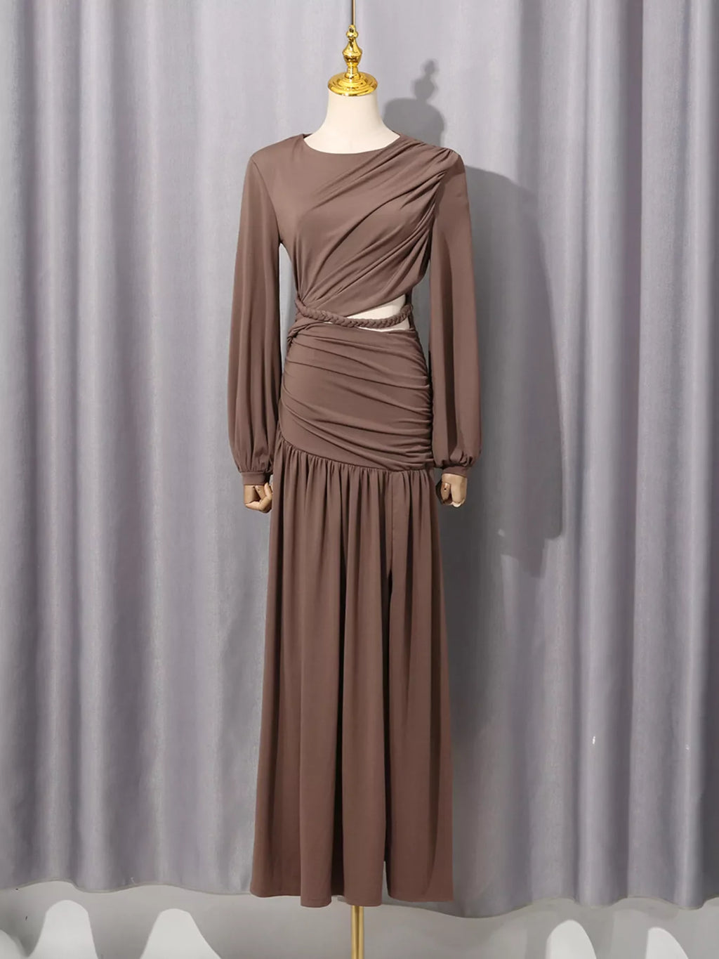 Ruched Long-Sleeve Maxi Dress with Cutout Detail