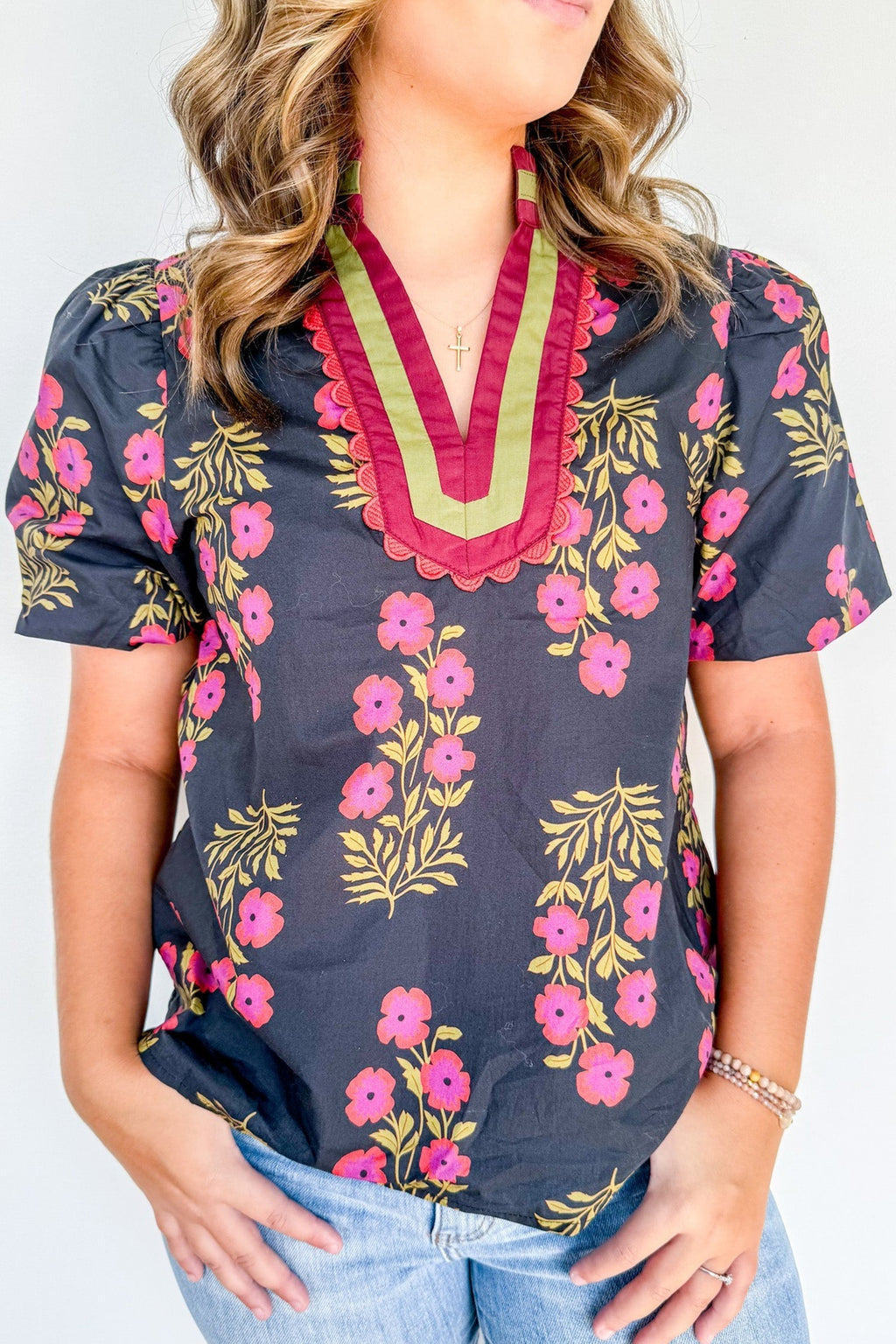 Black Plus Size Floral Print Ricrac Striped Trim Short Sleeve Cotton Blouse