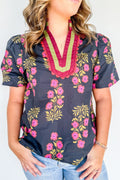 Black Plus Size Floral Print Ricrac Striped Trim Short Sleeve Cotton Blouse