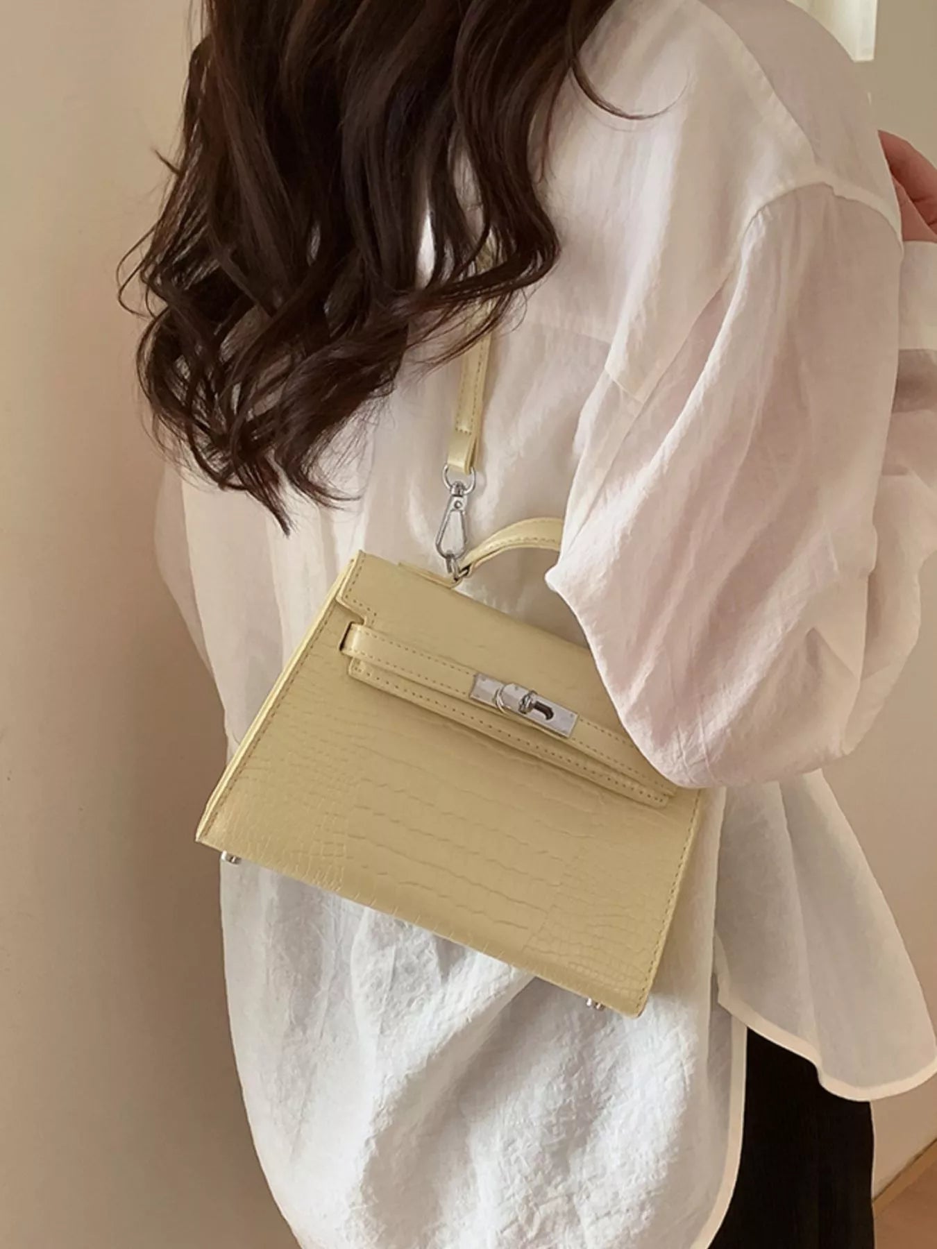 Croc-Embossed Top-Handle Crossbody Bag