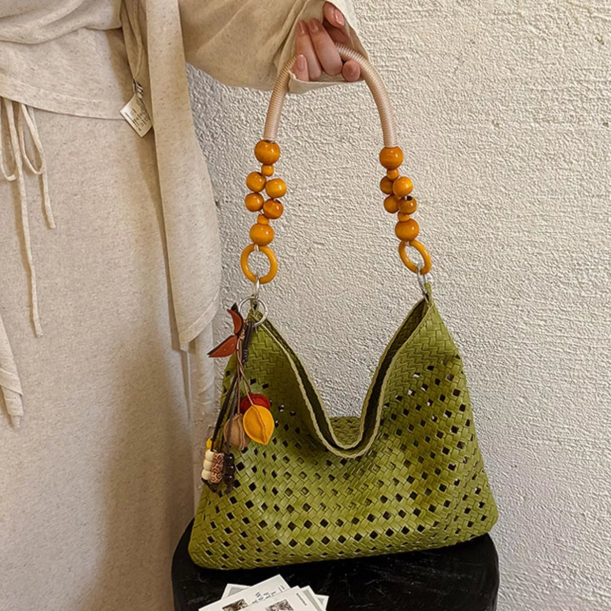 Cutout Shoulder Bag with Beaded Handle
