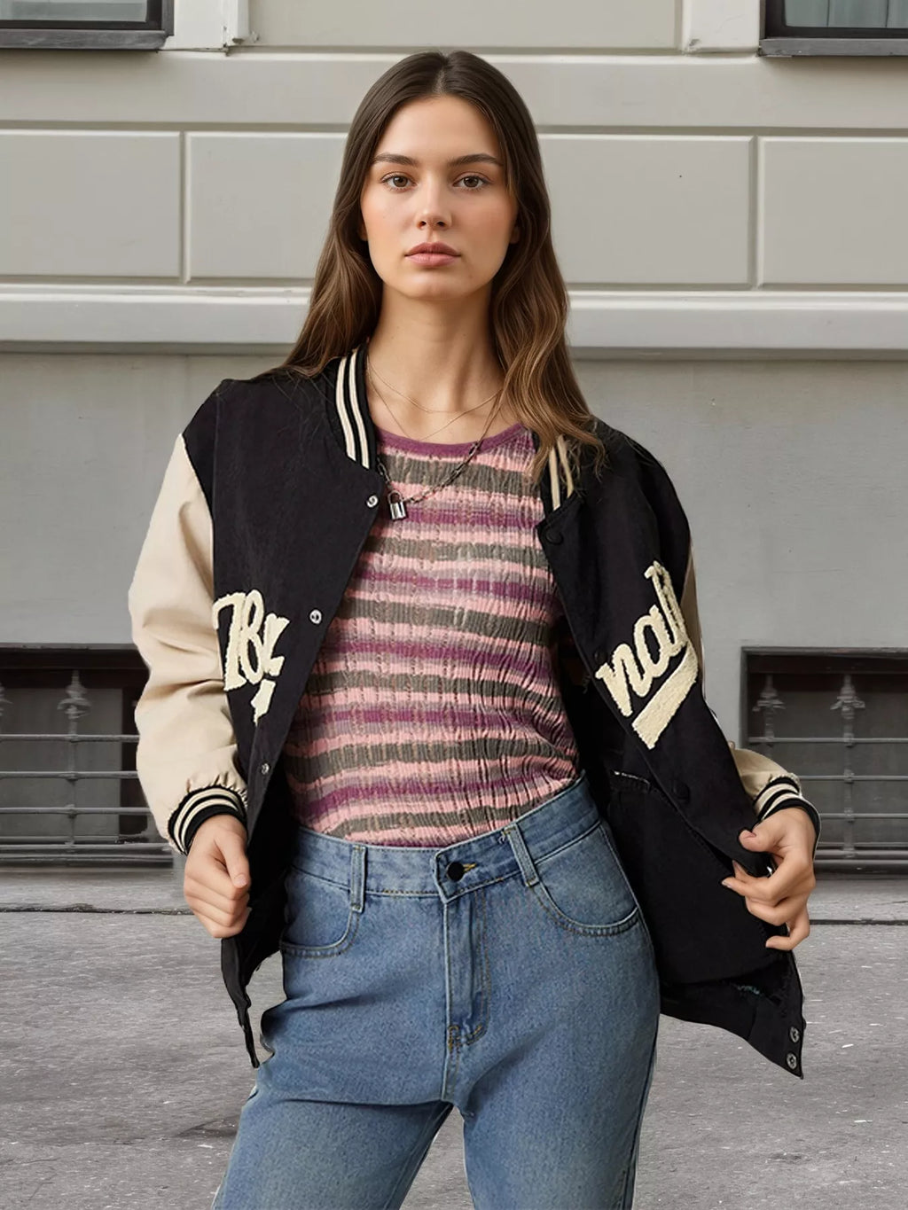 Contrast Baseball Jacket with Embroidered Lettering