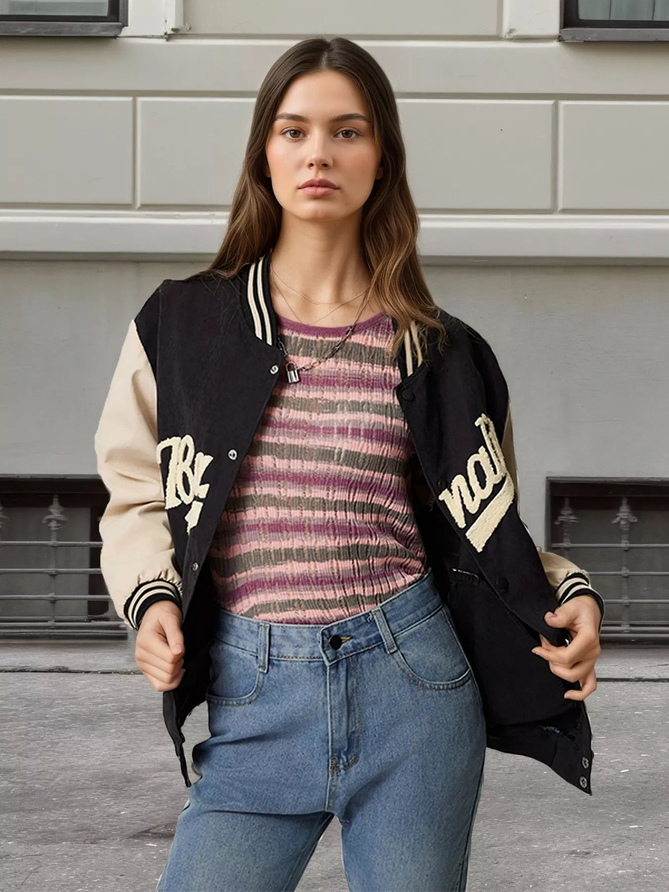 Contrast Baseball Jacket with Embroidered Lettering