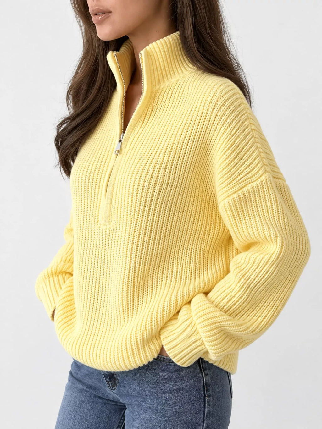 Full Size Half Zip Dropped Shoulder Sweater Plus Size