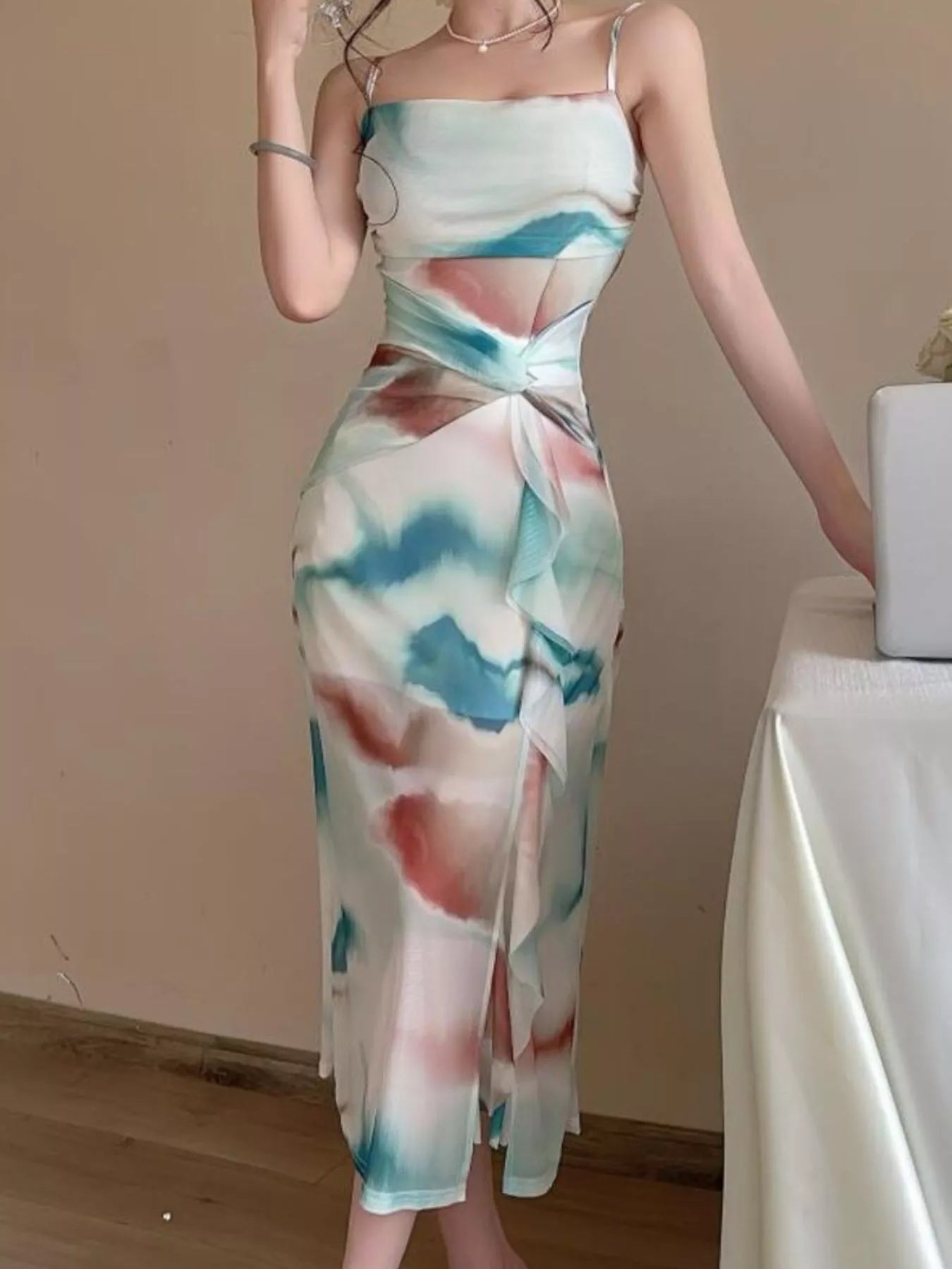 Abstract Watercolor Print Ruched Midi Dress