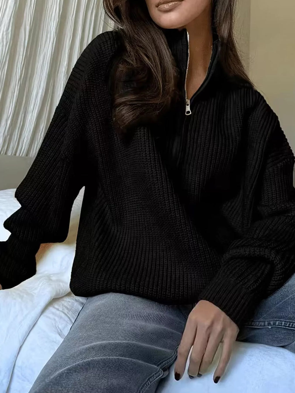 Full Size Half Zip Dropped Shoulder Sweater Plus Size