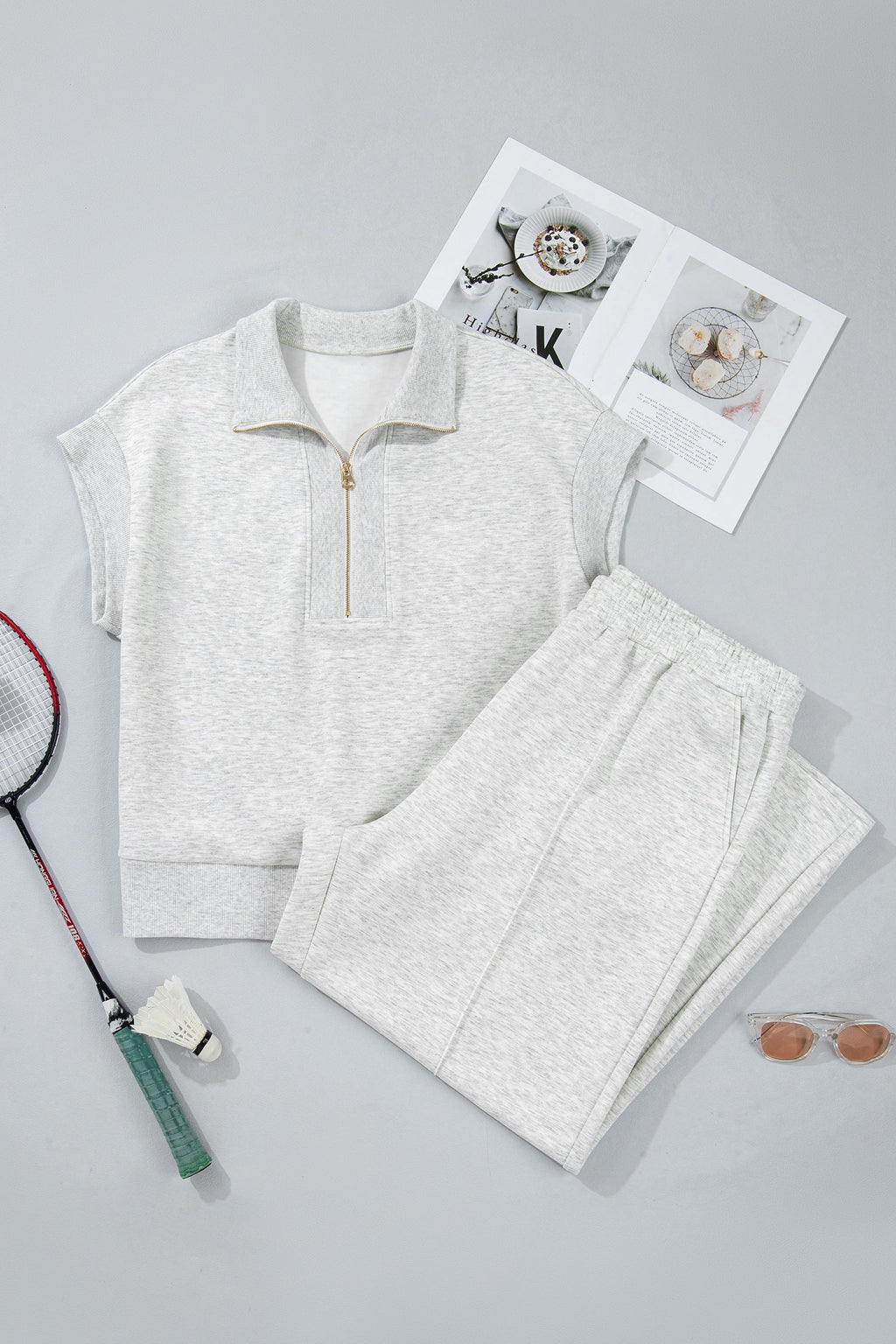 Light Grey Half Zip Polo Tee Loose Pants Plus Size 2pcs Outfit