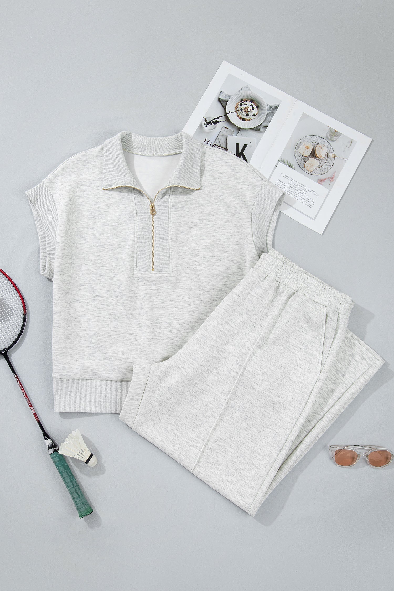 Light Grey Half Zip Polo Tee Loose Pants Plus Size 2pcs Outfit