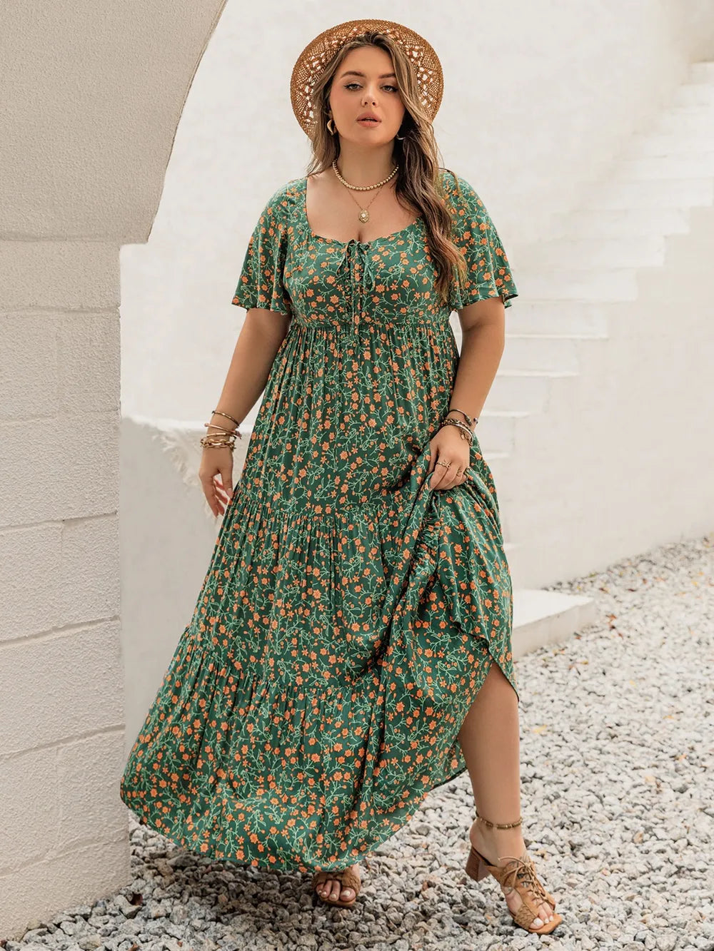 Printed Short Sleeve Tiered Maxi Dress