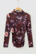Floral Mesh Turtleneck Long Sleeve Ruched Top