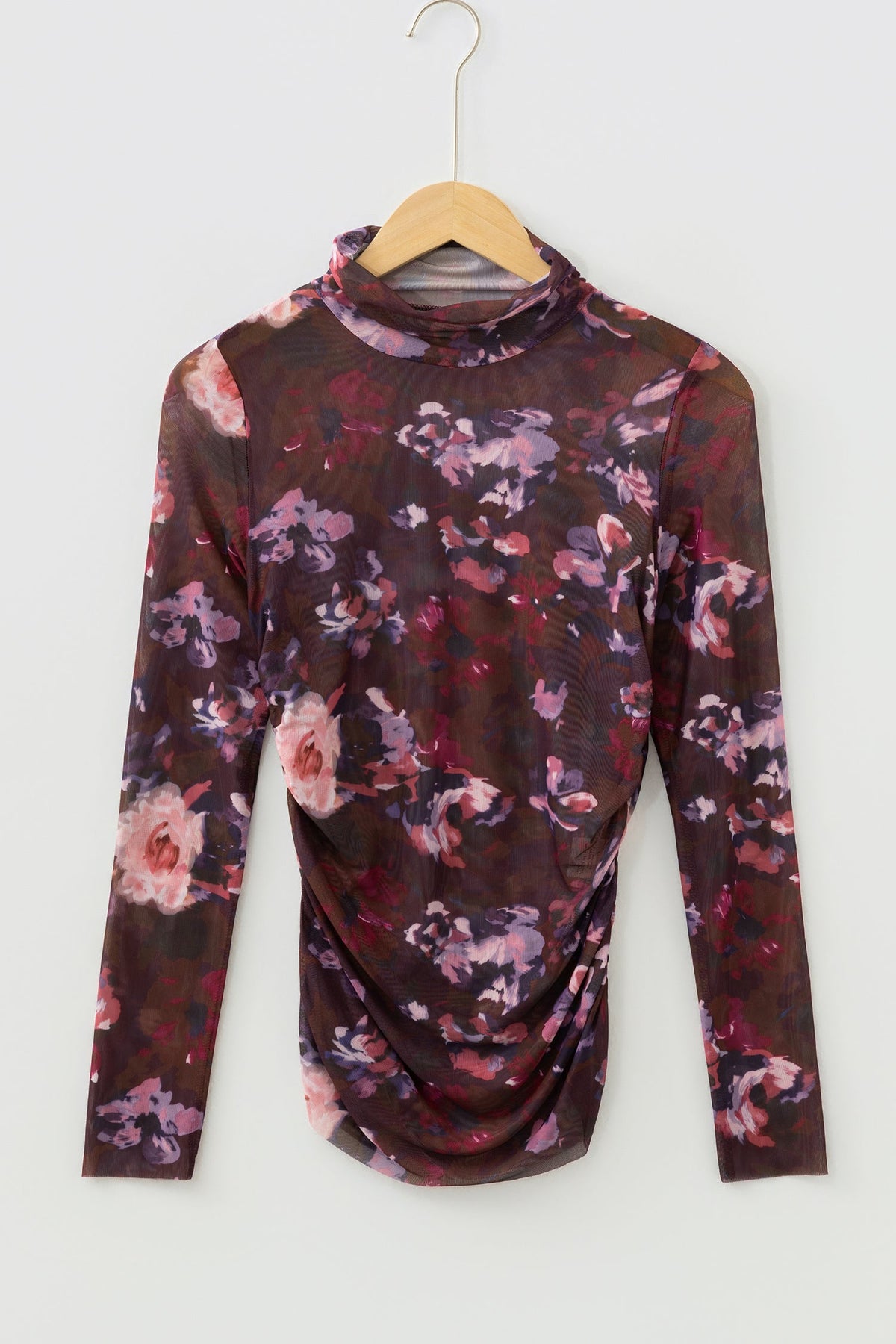 Floral Mesh Turtleneck Long Sleeve Ruched Top